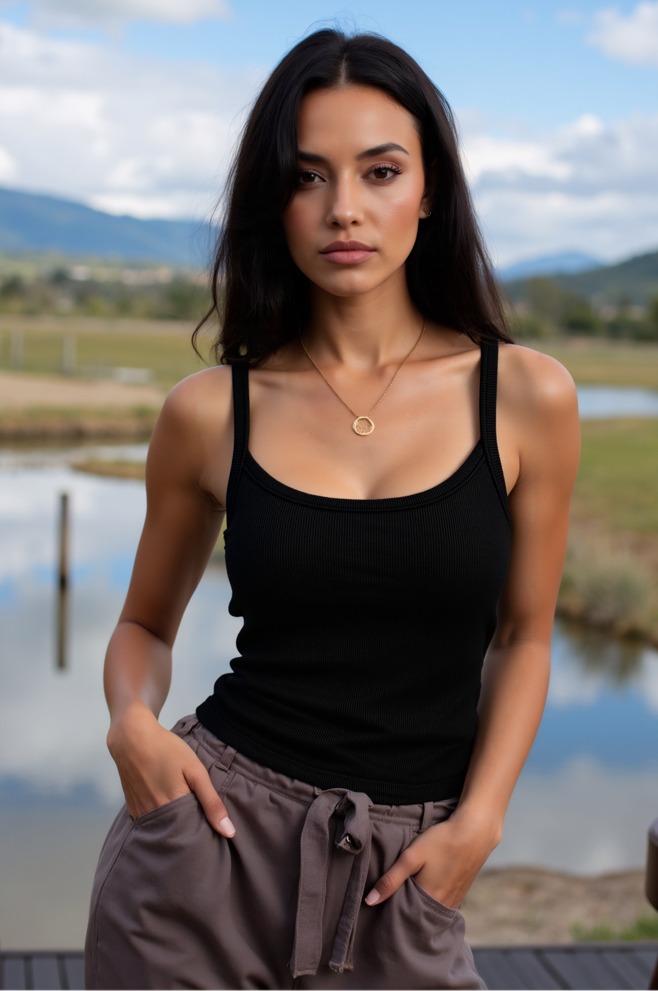 Women’s and Girls’ Cotton Camisole Top with Adjustable Spaghetti Strap  (Padded) (Black)