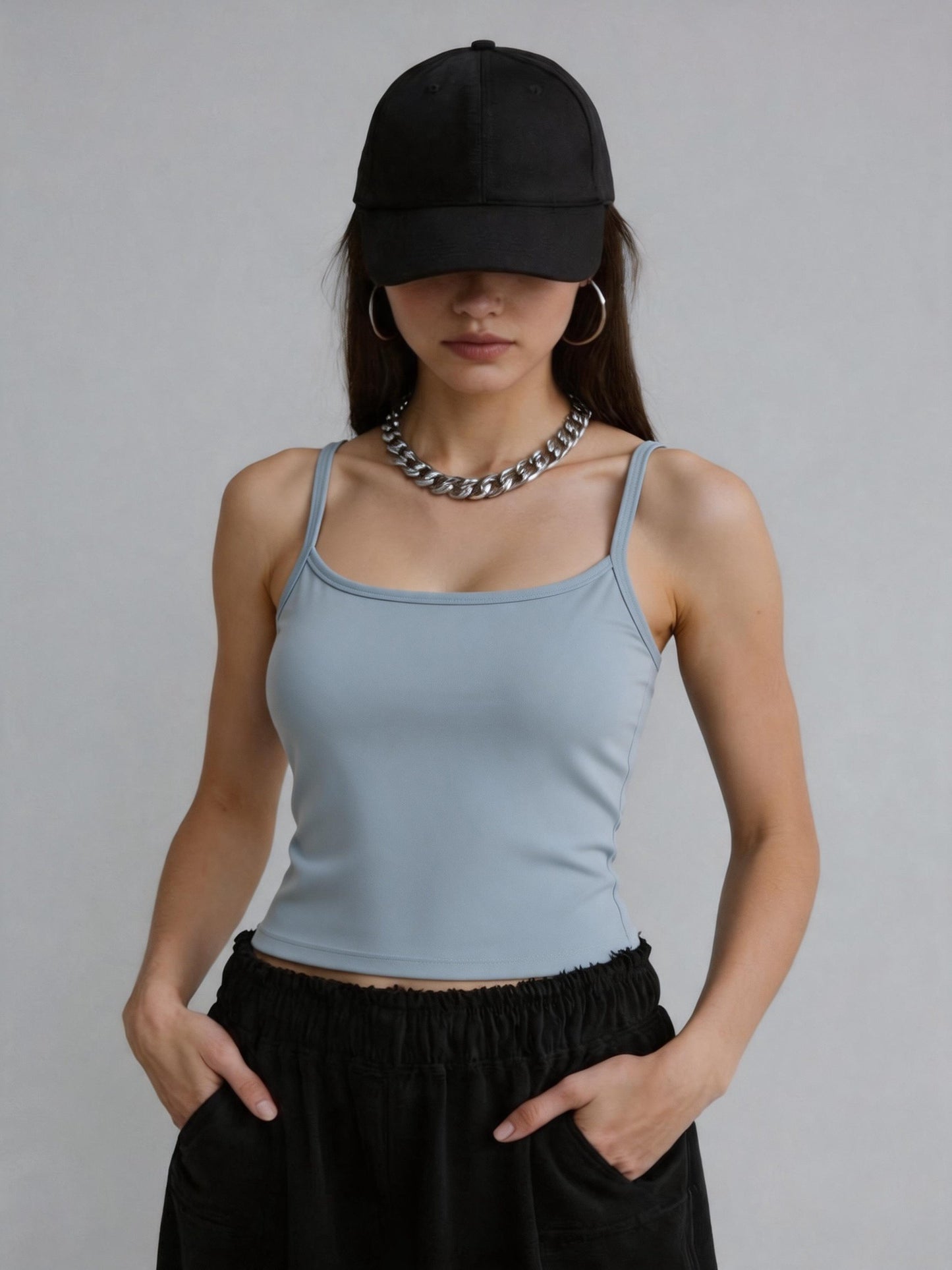 Women’s and Girls’ Cotton Camisole Top with Adjustable Spaghetti Strap  (Padded) (Blue)