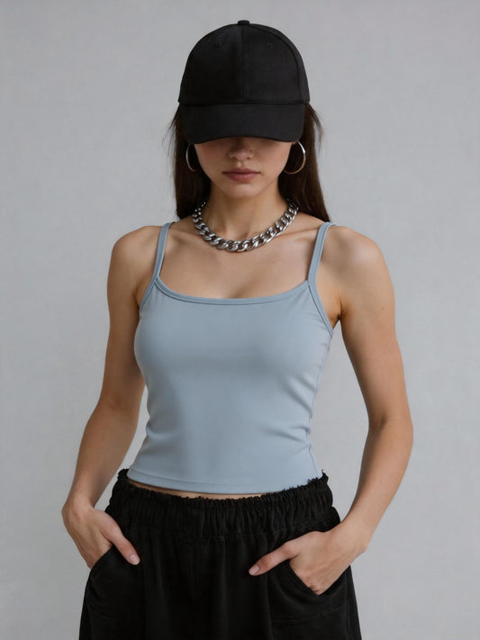 Women’s and Girls’ Cotton Camisole Top with Adjustable Spaghetti Strap  (Padded) (Blue)
