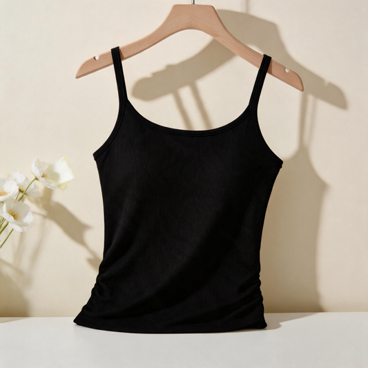 Women’s and Girls’ Cotton Camisole Top with Adjustable Spaghetti Strap  (Padded) (Black)