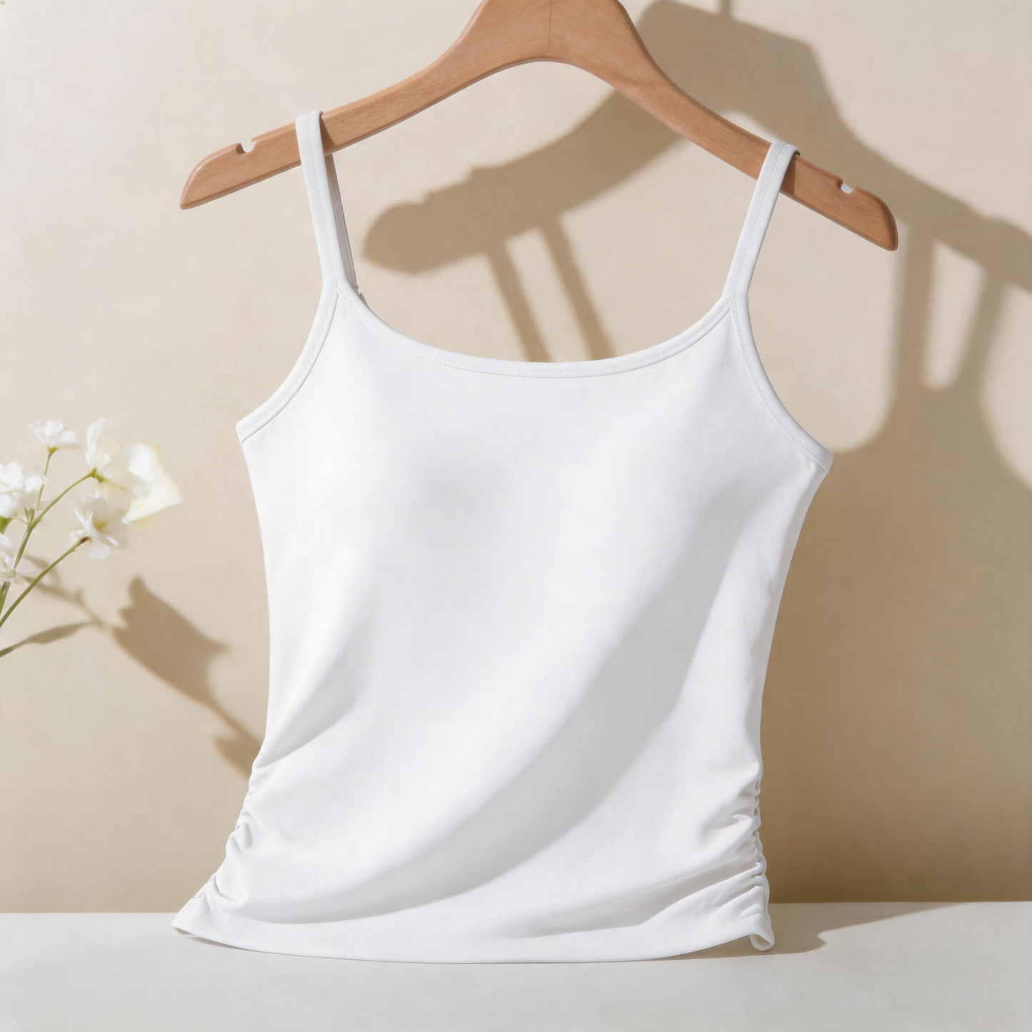 Women’s and Girls’ Cotton Camisole Top with Adjustable Spaghetti Strap  (Padded) (White)