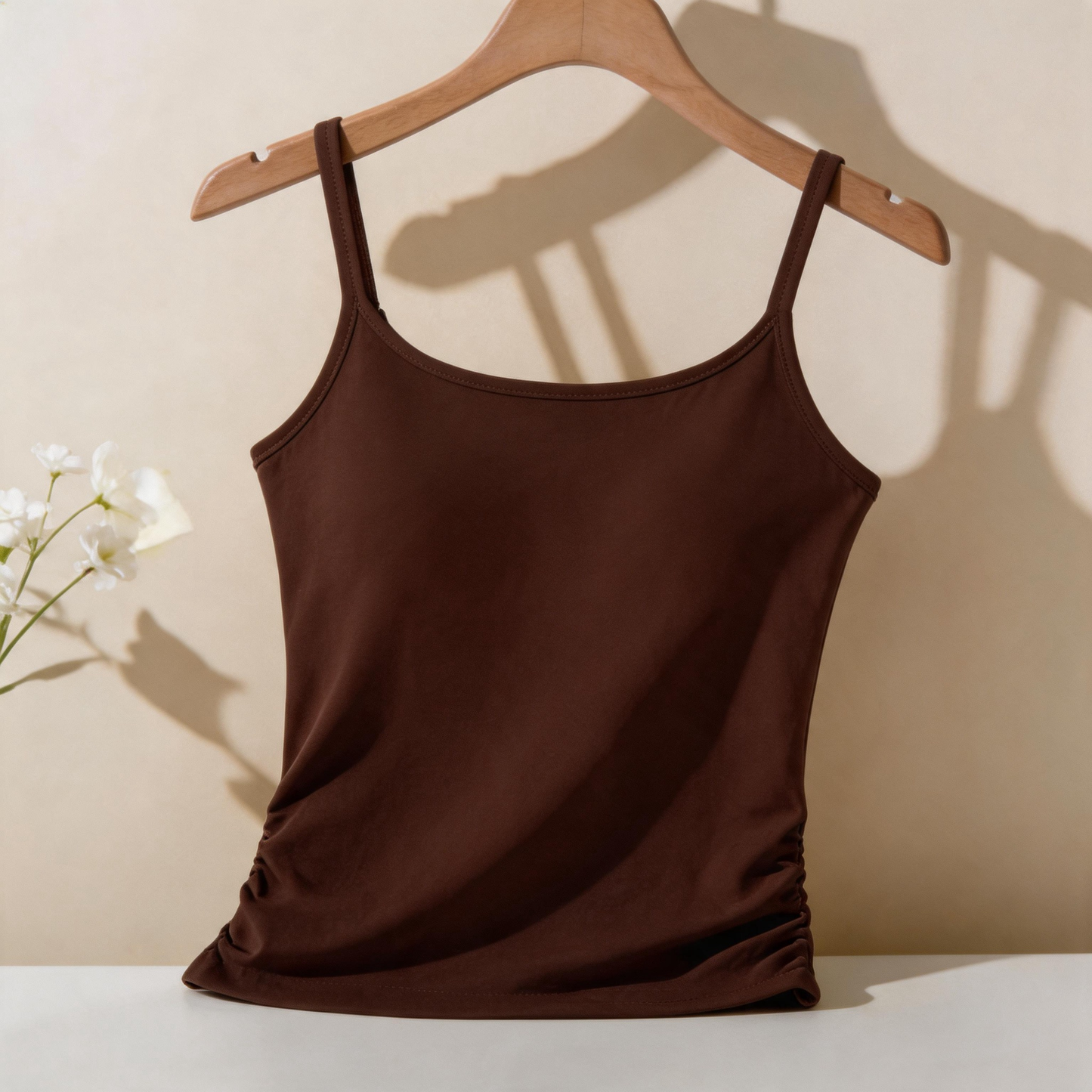 Women’s and Girls’ Cotton Camisole Top with Adjustable Spaghetti Strap  (Padded) (Brown)