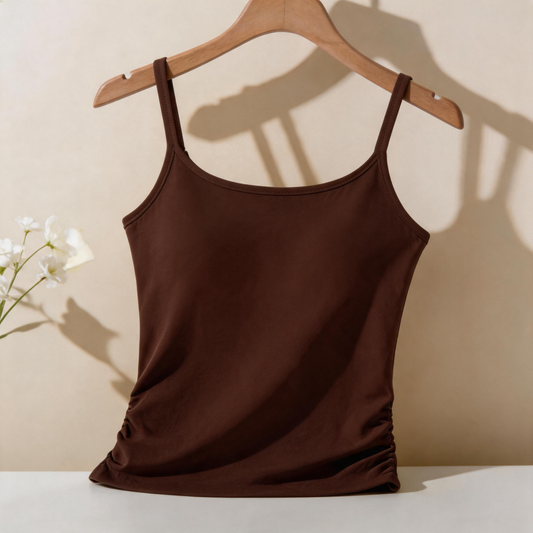 Women’s and Girls’ Cotton Camisole Top with Adjustable Spaghetti Strap  (Padded) (Brown)