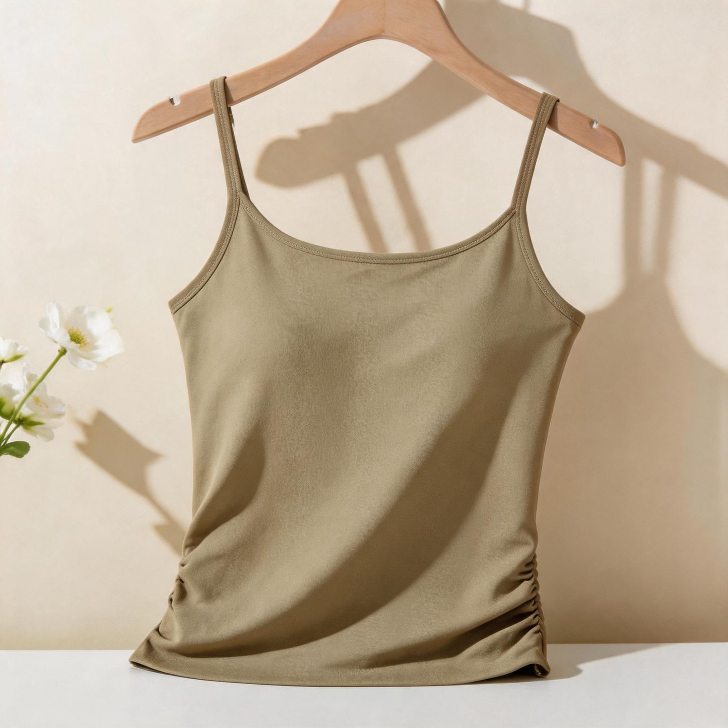 Women’s and Girls’ Cotton Camisole Top with Adjustable Spaghetti Strap  (Padded) (Beige)